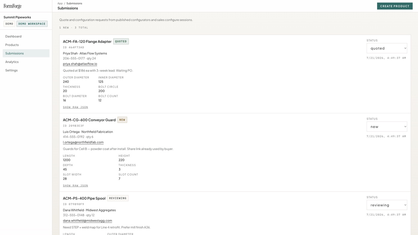FormForge submissions inbox with quote and configuration requests