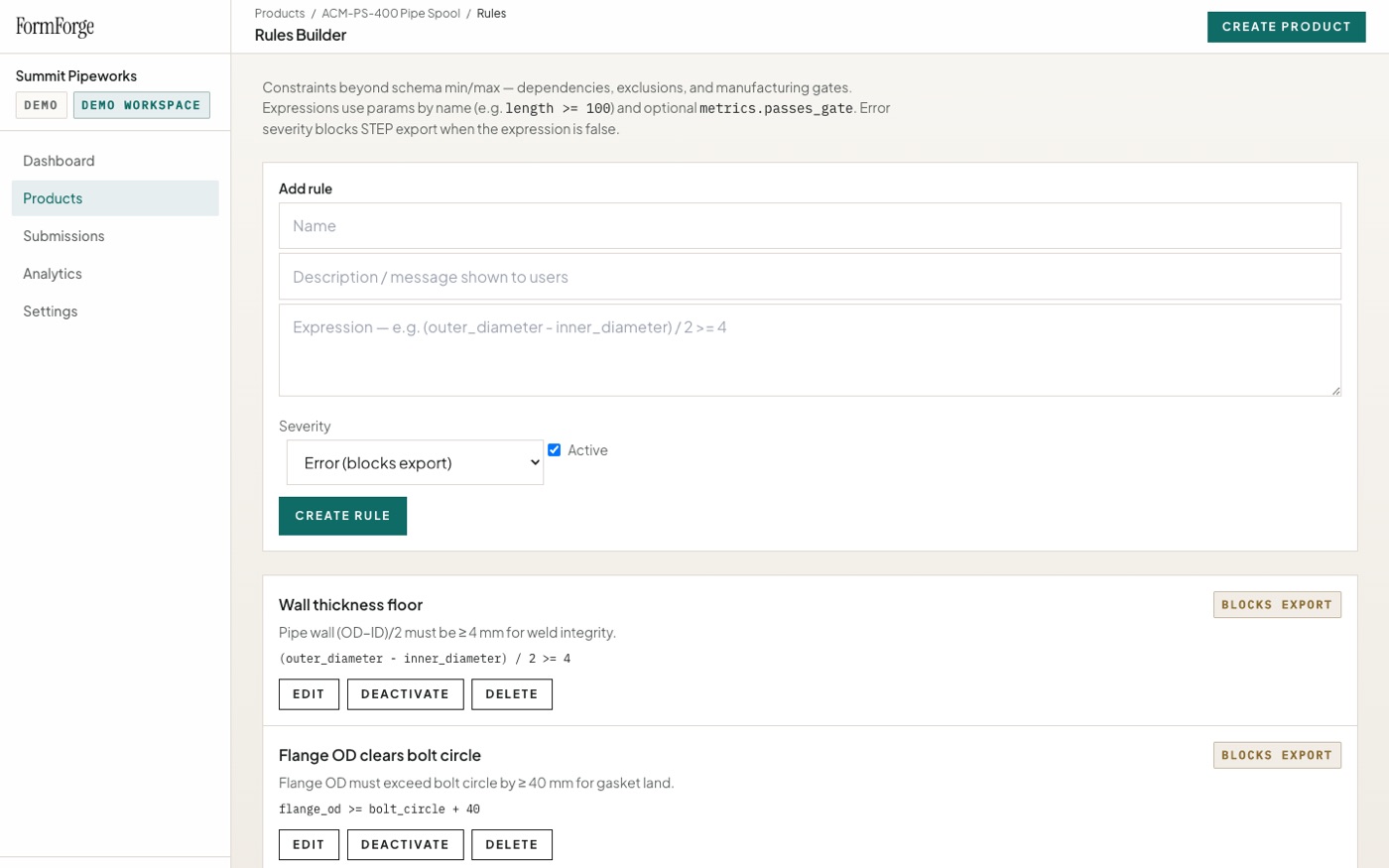 FormForge rules builder with manufacturing constraint expressions